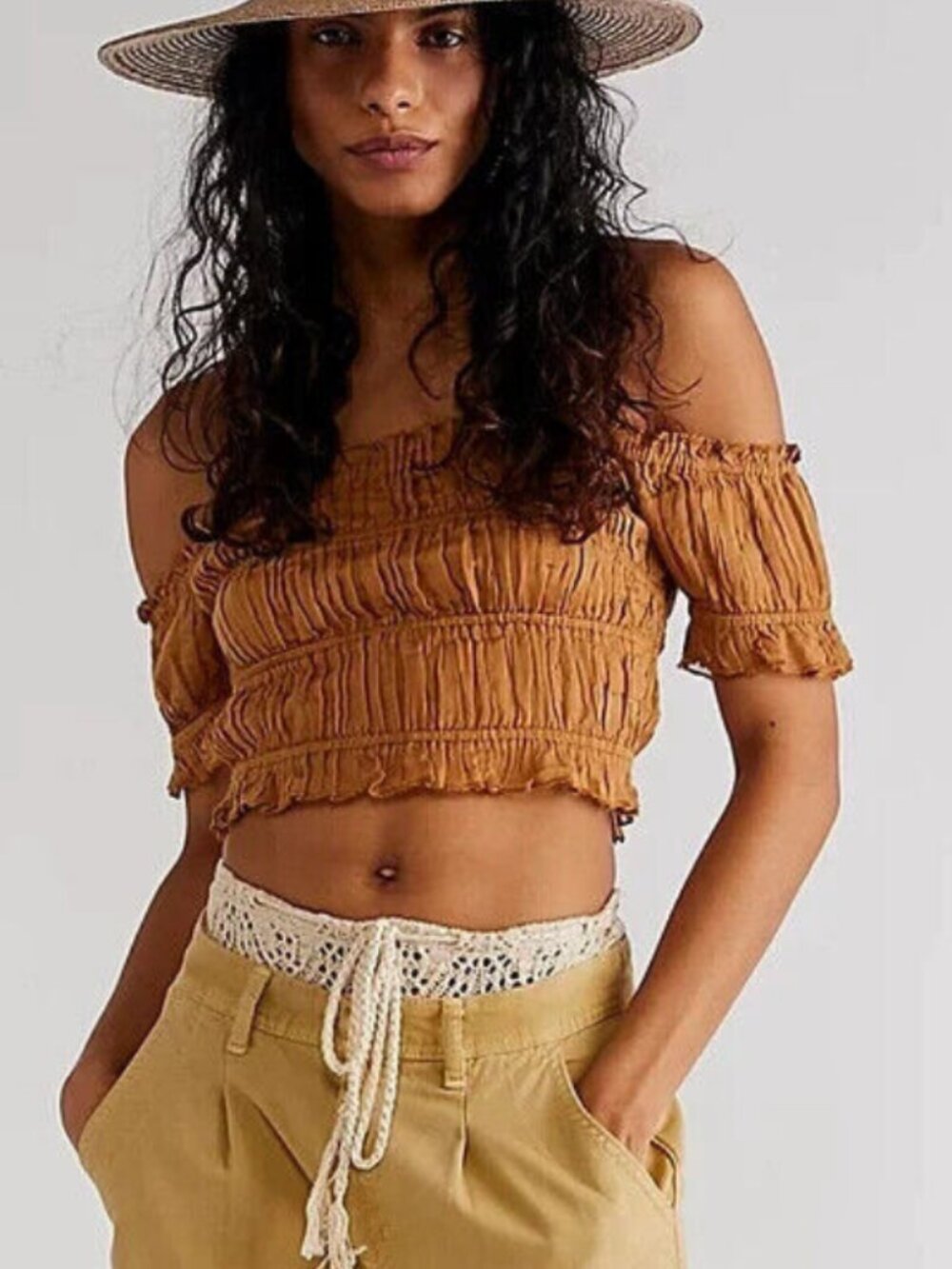 Free People FP One Cheri Top Smocked Cropped Off The Shoulder M